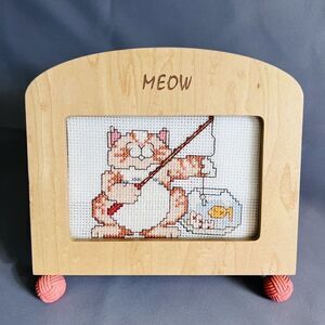 Vintage Handmade Cross Stitch Finished Cat Kitty Fish Bowl Framed Wood MEOW